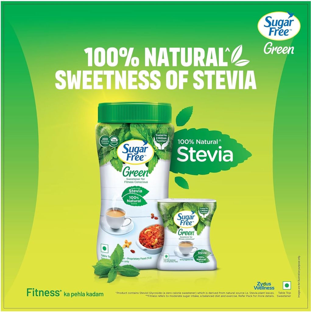 Sugar Free Green Stevia Jar, 200 g | 100% Plant-based Natural Sweetener | Equivalent to Sweetness from 1Kg Sugar | 100% Natural Stevia leaves| Sweet like Sugar but with zero calories|