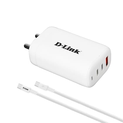 D-Link (DPA-F6521) 65W Triple Port Fast Charger 2 Type-C & 1 USB-A, GAN Technology, Easy to Carry, Included Type C-Type C(100W) Cable - White 