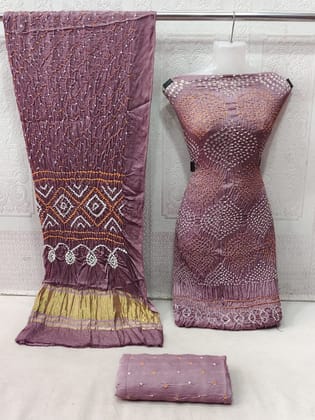 Ethenika Modal Ghazi Silk Original Kutch Hand Crafted Bandhani Dress Material-Onion