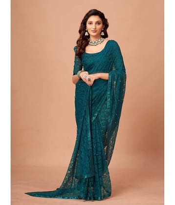 VANRAJ CREATION Brasso Self Design Saree With Unstitched Blouse Piece ( Teal )