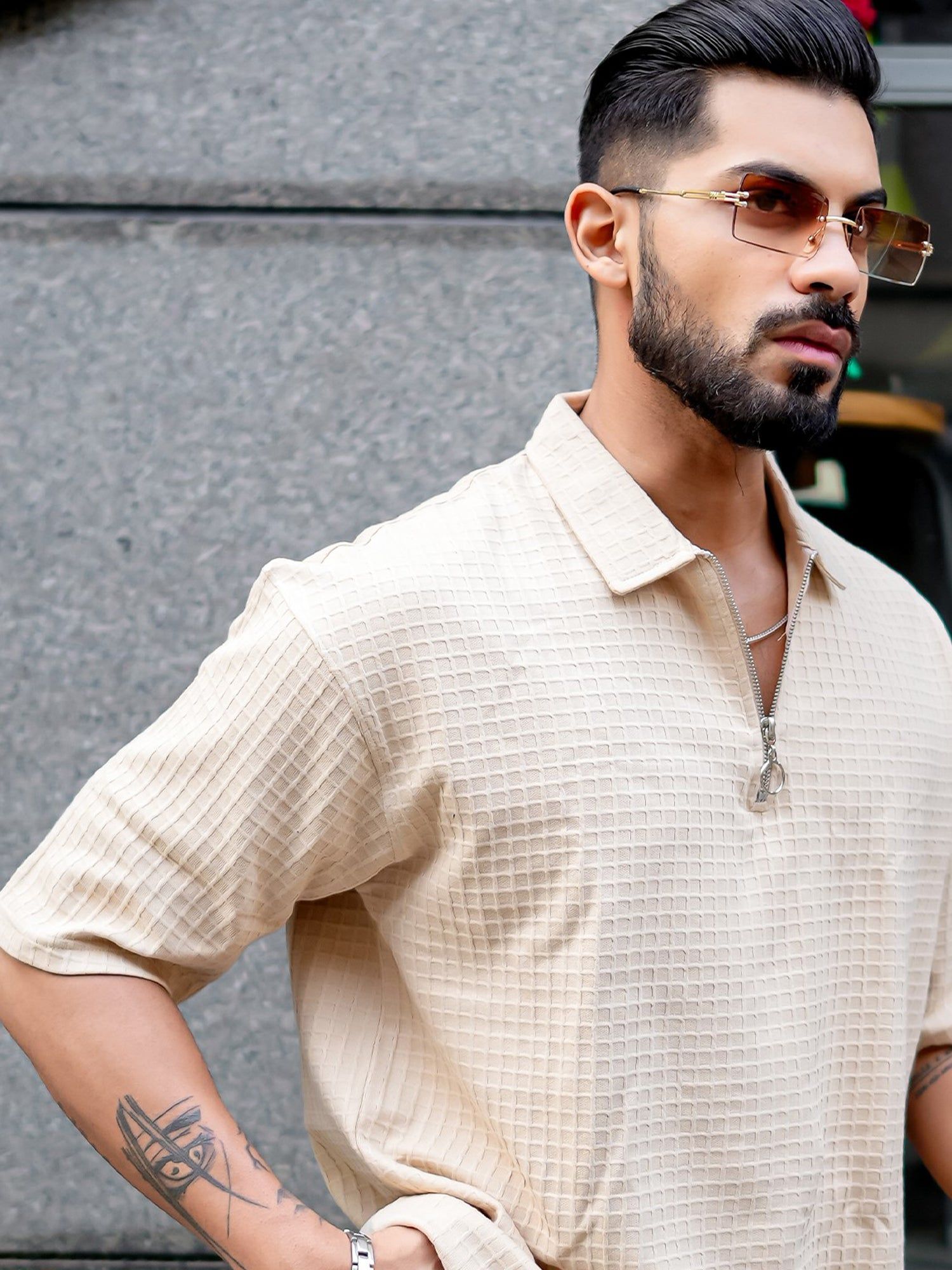 Box Grid Beige T-Half Sleeve Shirt-S