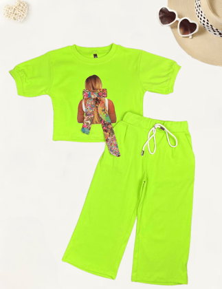 Girl's Neon Green Casual Co-Ord  Set [GCS-5033](1-12 Years)-1-2Y (Size - 18) / Ribbed