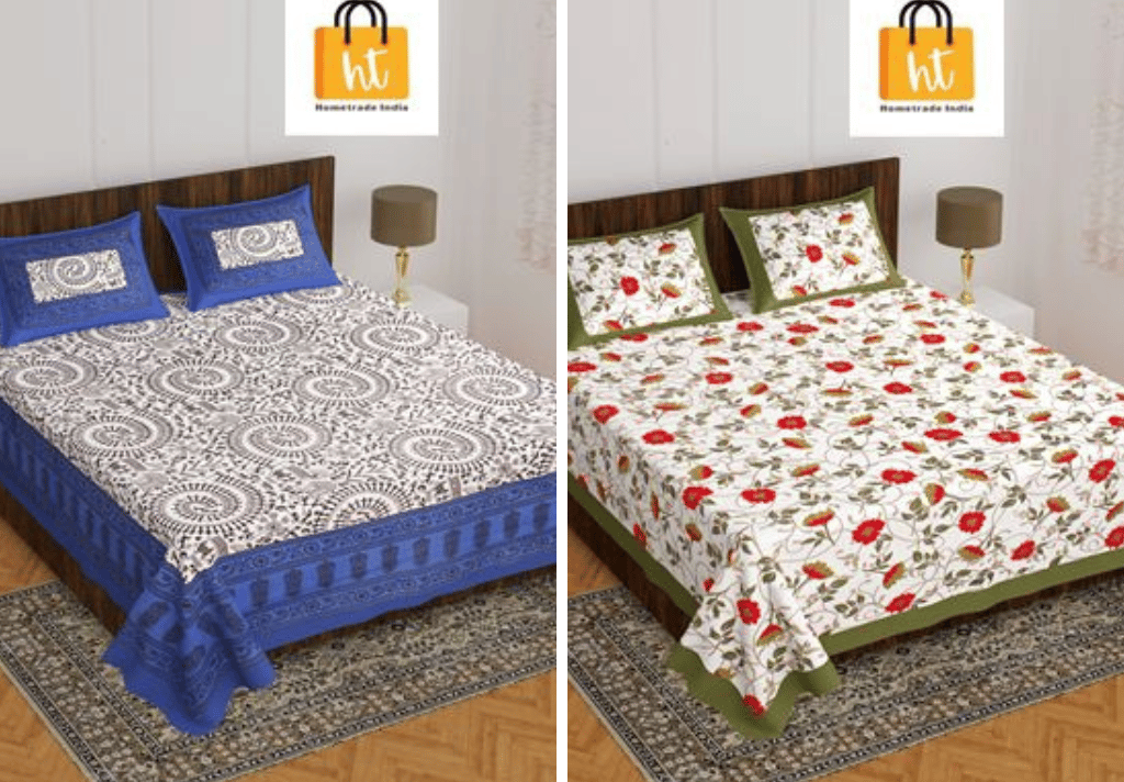 3001-Hometrade India-Standard King Size (90*108 Inches)-Pure Cotton Jaipuri Double Bedsheet With Matching Pillow Cover