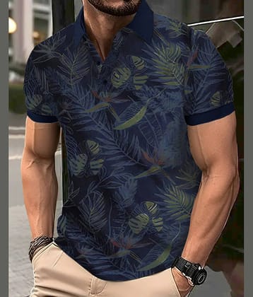 Eyebogler Pack of 1 Cotton Blend Regular Fit Printed Half Sleeves Men's Polo T Shirt ( Navy Blue )