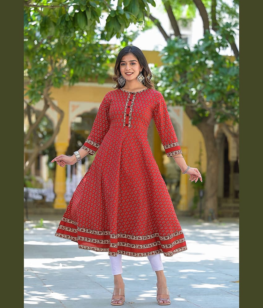 Yash Gallery Cotton Printed Anarkali Women's Kurti - Maroon ( Pack of 1 )