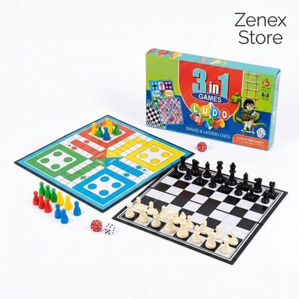 Zenex Store 3 in 1 Family Board Game Chess, Ludo & Snakes and Ladders Board Game Accessories - Black & White