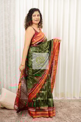 Odisha Ikkat Khandua Silk Saree - Mayura Chandrika- Henna Green