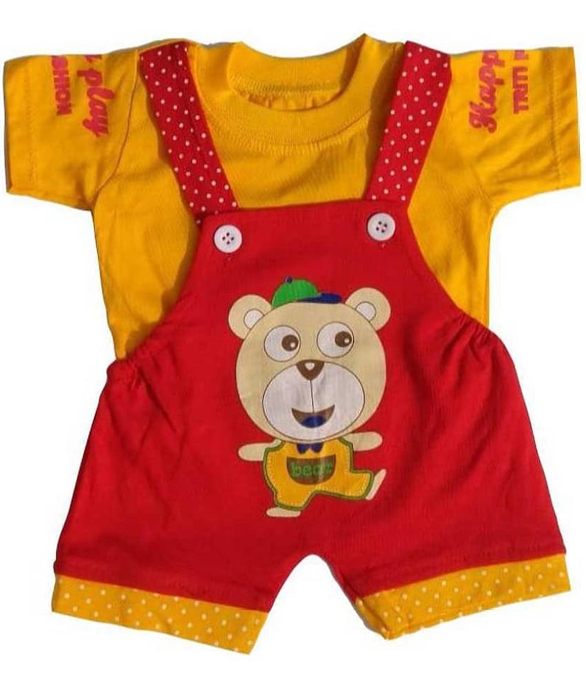 TRITI Unisex for Baby Cotton Blend Dungaree Sets ( Red & Yellow )