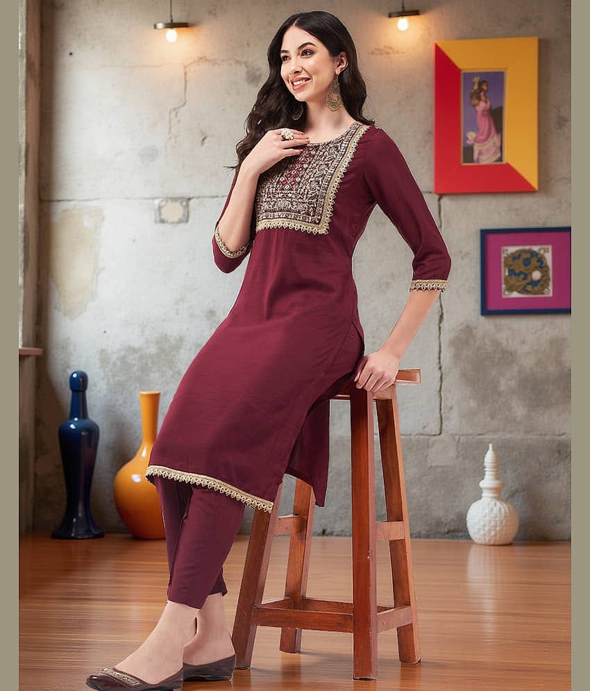 Pannkh - Maroon Art Silk Women's Straight Kurti ( Pack of 1 )