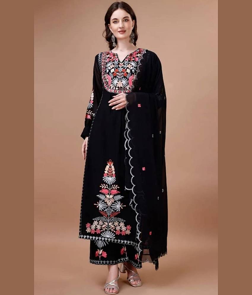 kedar fab Georgette Embroidered Kurti With Pants Women's Stitched Salwar Suit - Black ( Pack of 1 )