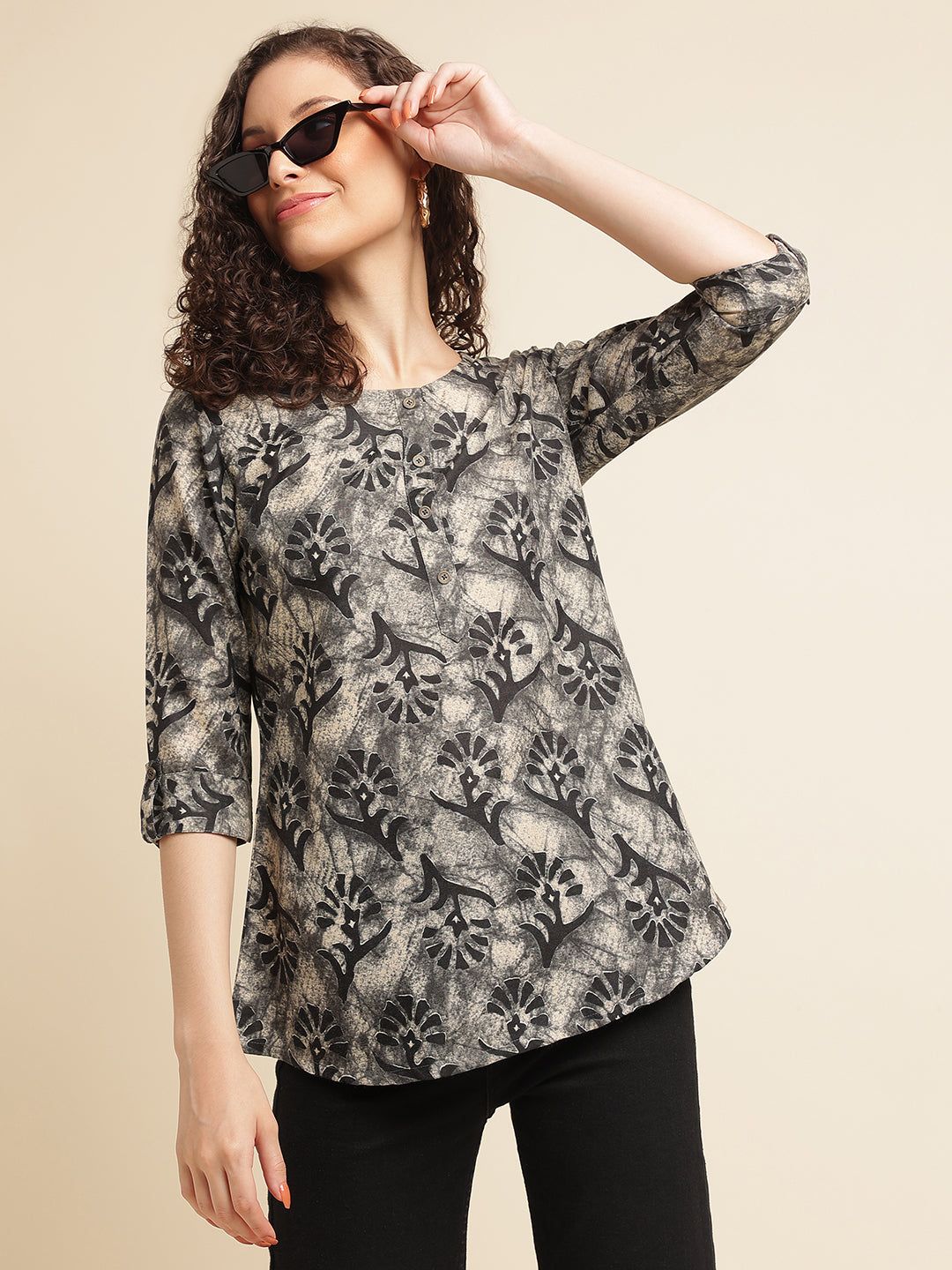 Black Printed Cotton Blend Top-XS