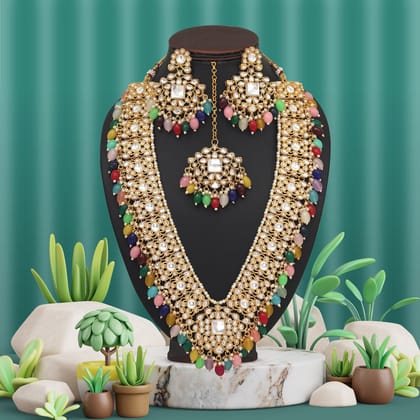 Multi Color Long Kundan Necklace Set (KN1435MLT)-Adjustable Rope / Gold / Alloy With Good Quality Gold Plated