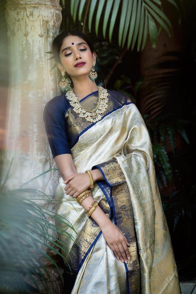 White Banarasi Soft Silk Saree with Jacquard Border