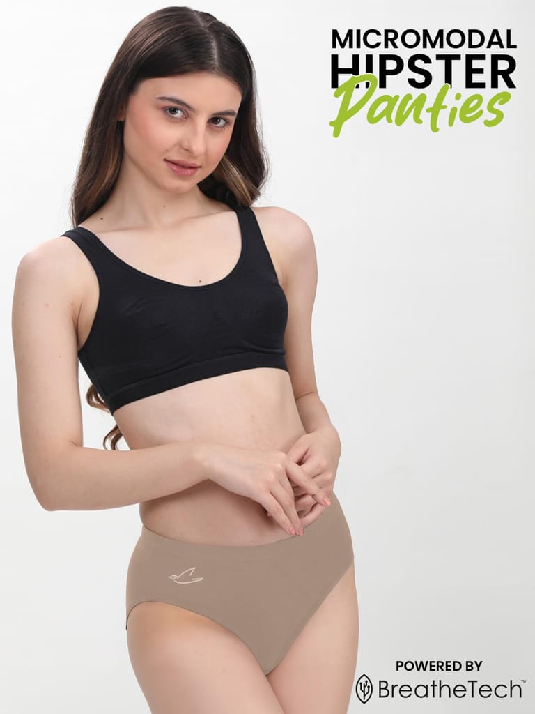 Freecultr Women’s Micromodal Mid-Rise Hipster | Super Soft & Breathable Fabric | Medium Rear Coverage | Comfortable Stretch Elastic | Pack of 3 |Color - Pink,Avocado Green,Coffee