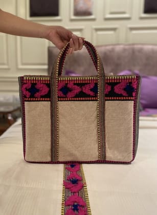 KRI India Raw Distressed Boho Tote Bag | Jute brown with multicoloured fabric and off-white lining  | 12x16 inches  | Wash & Care | 100% Cotton | Handcrafted in India. 100% organic & natural.