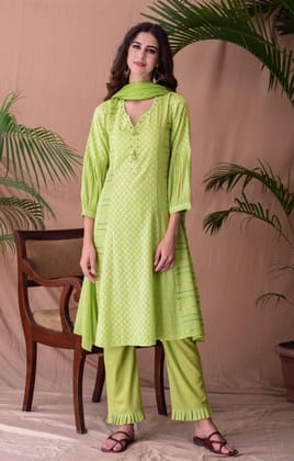 Lime Green Jacquard Suit Set Of 3-S