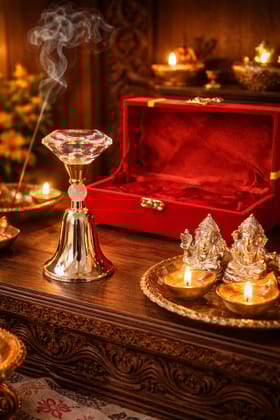 Silver & Gold Decorative Diamond Crystal Bell Set With Brass Stand, Gold And Silver Plated Serving Plates