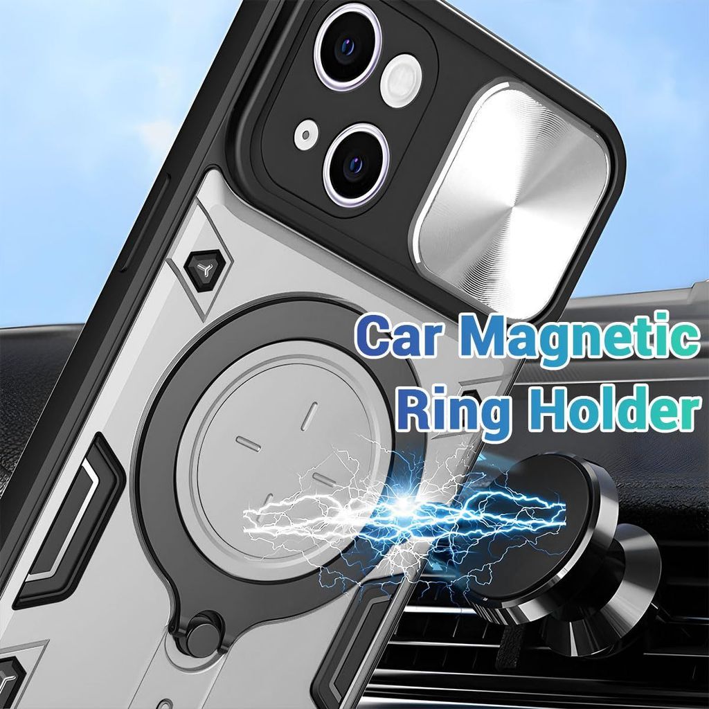 LIRAMARK Back Cover Case Compatible with iPhone 15 (6.1 inch) with Stand & Slider Camera Military Grade Drop Protection