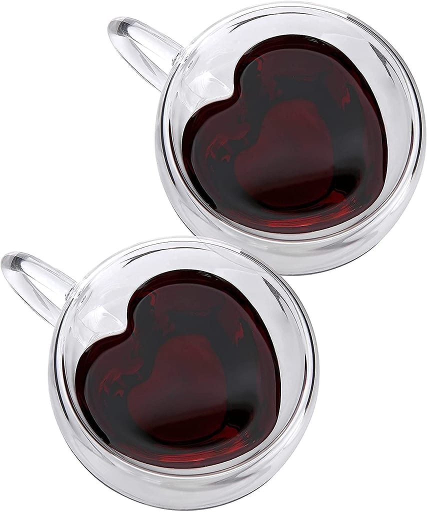 Heart Shaped Transparent Double Walled Insulated Glass Coffee Mugs or Tea Cups with Unique Handle (410 Ml)