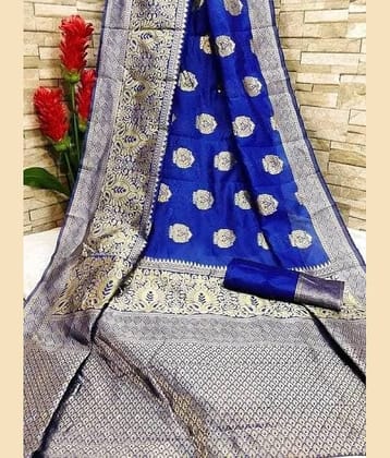 Gazal Fashions Banarasi Silk Embellished Saree With Unstitched Blouse Piece ( Blue )