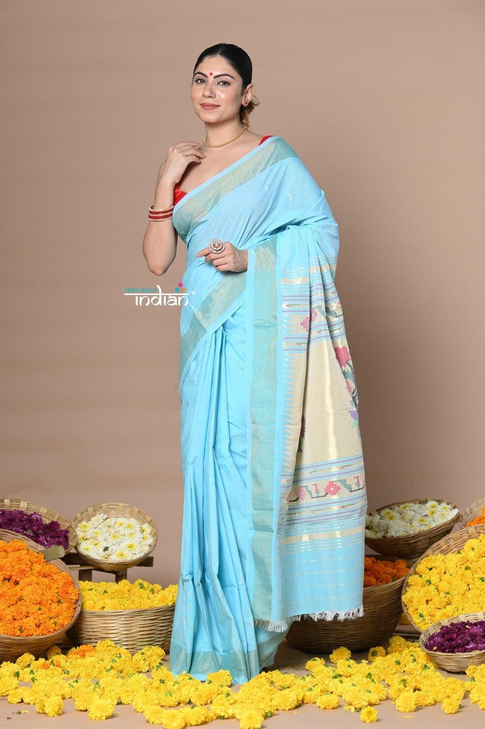 Rajsi~Handloom Pure Cotton Paithani Without Zari With Handcrafted Double Pallu~Sky Blue