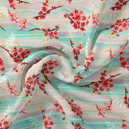 Red Spring With Decorative Background Digital Printed Fabric - Pure Georgette-Viscose / Pure Georgette / 110 CM | 43 Inch