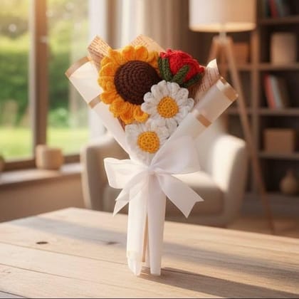 Hand Crochet Bouquet with Sunflowers, Roses and Daisies, Dried Plant, Sunshine and Delicate Charm