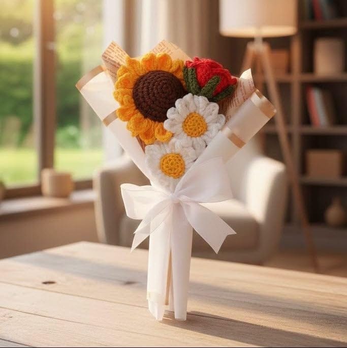 Hand Crochet Bouquet with Sunflowers, Roses and Daisies, Dried Plant, Sunshine and Delicate Charm