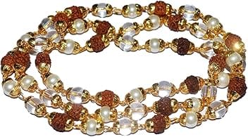 REAL SEED Rudraksha Pearl Sphatik Mala Original Genuine Pearl 18K Rose Gold Plated Wood, Crystal Necklace