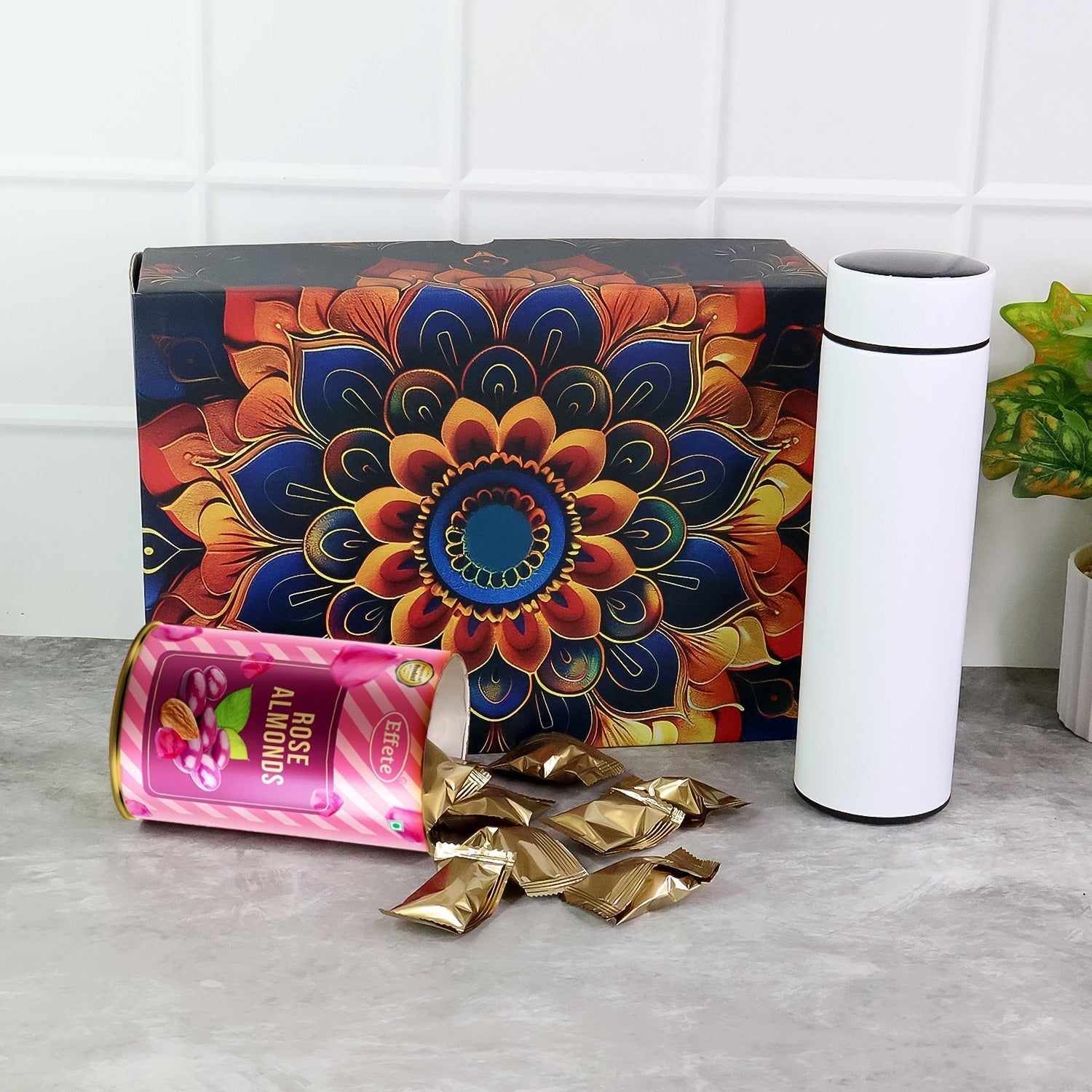 Effete Rose Almonds Gift Hamper, Golden With Bottle (2 Pc Set)