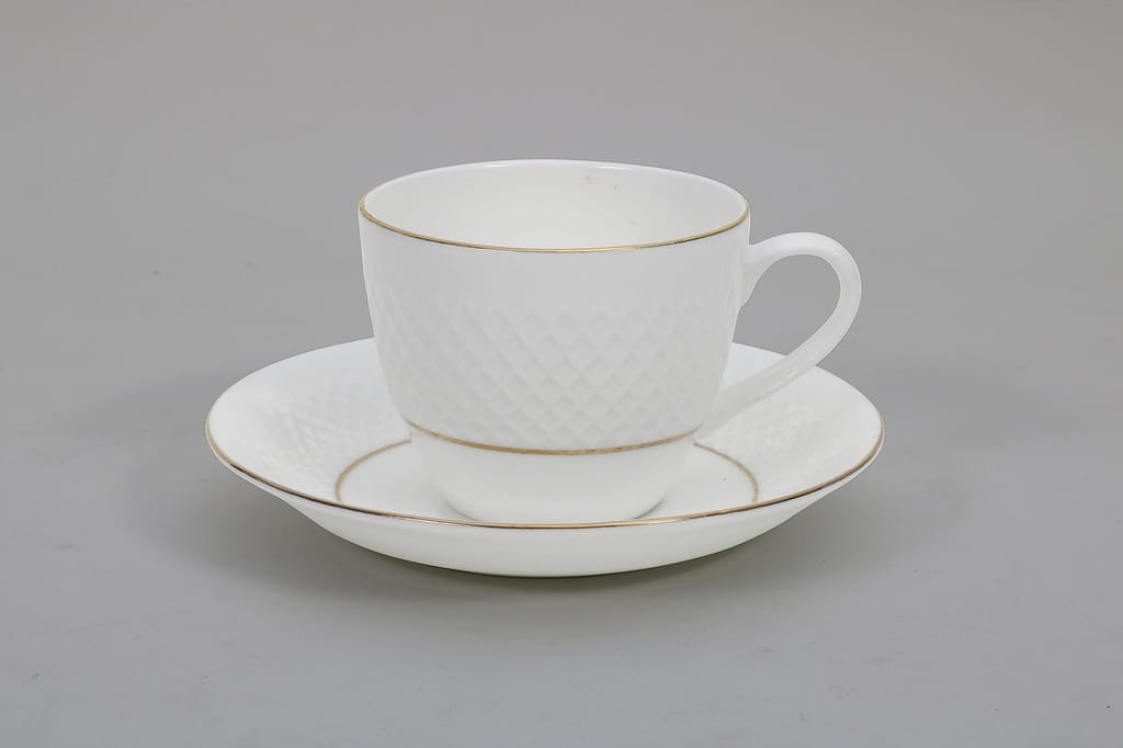 Femora Indian Ceramic Double Gold Line Diamond Cut White Tea Cups, Mugs and Saucer-200 ml - Set of 6 (6 Cups, 6 Saucer)
