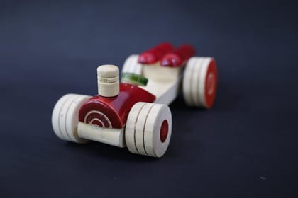 Vintage Wooden Race Car Toy, Red and White, Classic Design with Moving Wheels Vintage Wooden Race Car Toy, Red and White, Classic Design with Moving Wheels