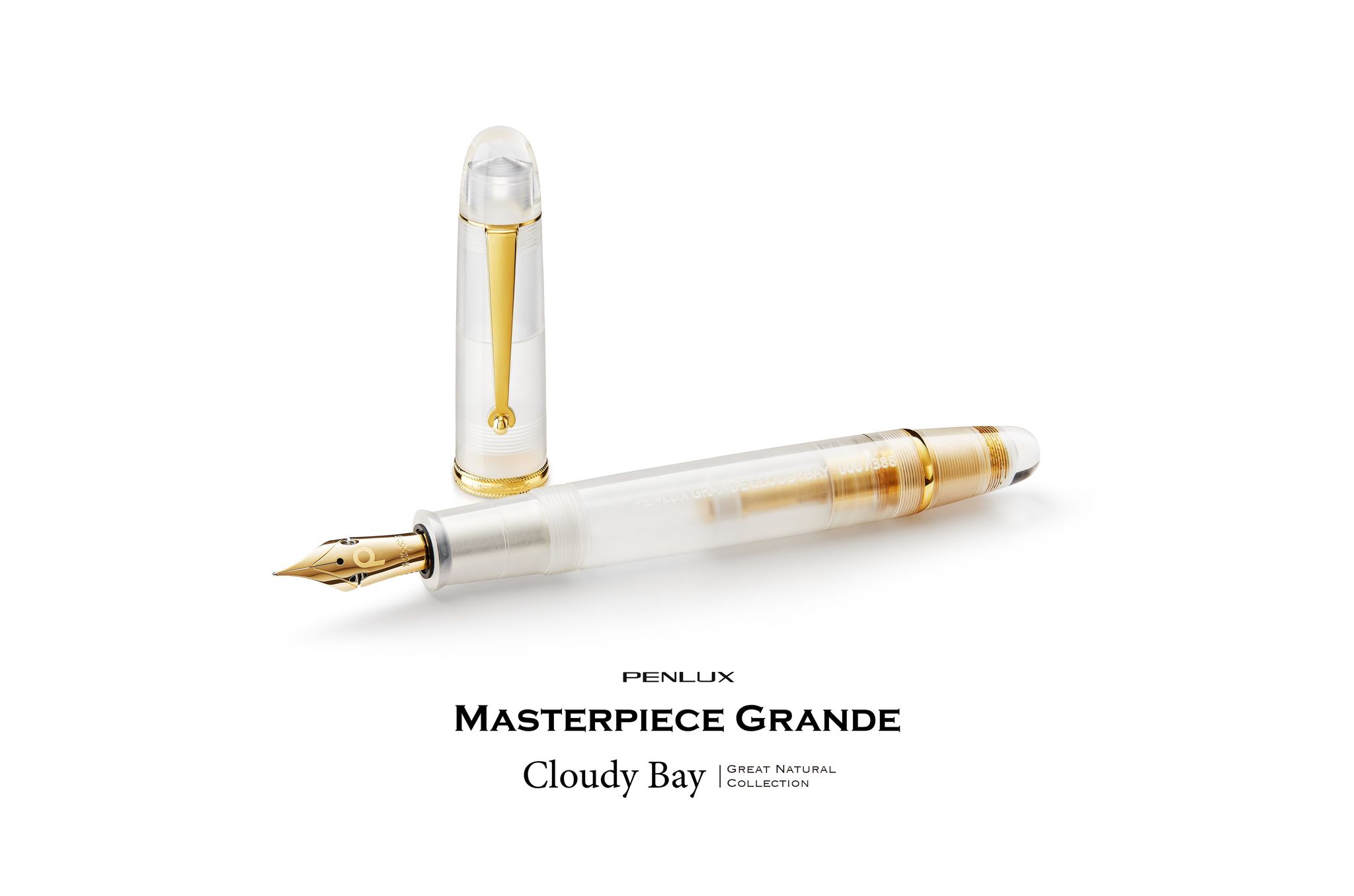 Penlux Masterpiece Grande Great Natural Fountain Ink Pen | Cloudy Bay (Clear) Body Gold Trims | Piston Filling | No. 6 Jowo Nibs-Medium
