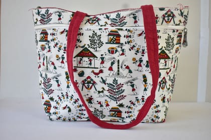 Warli Printed Fabric Bags With Three Compartment