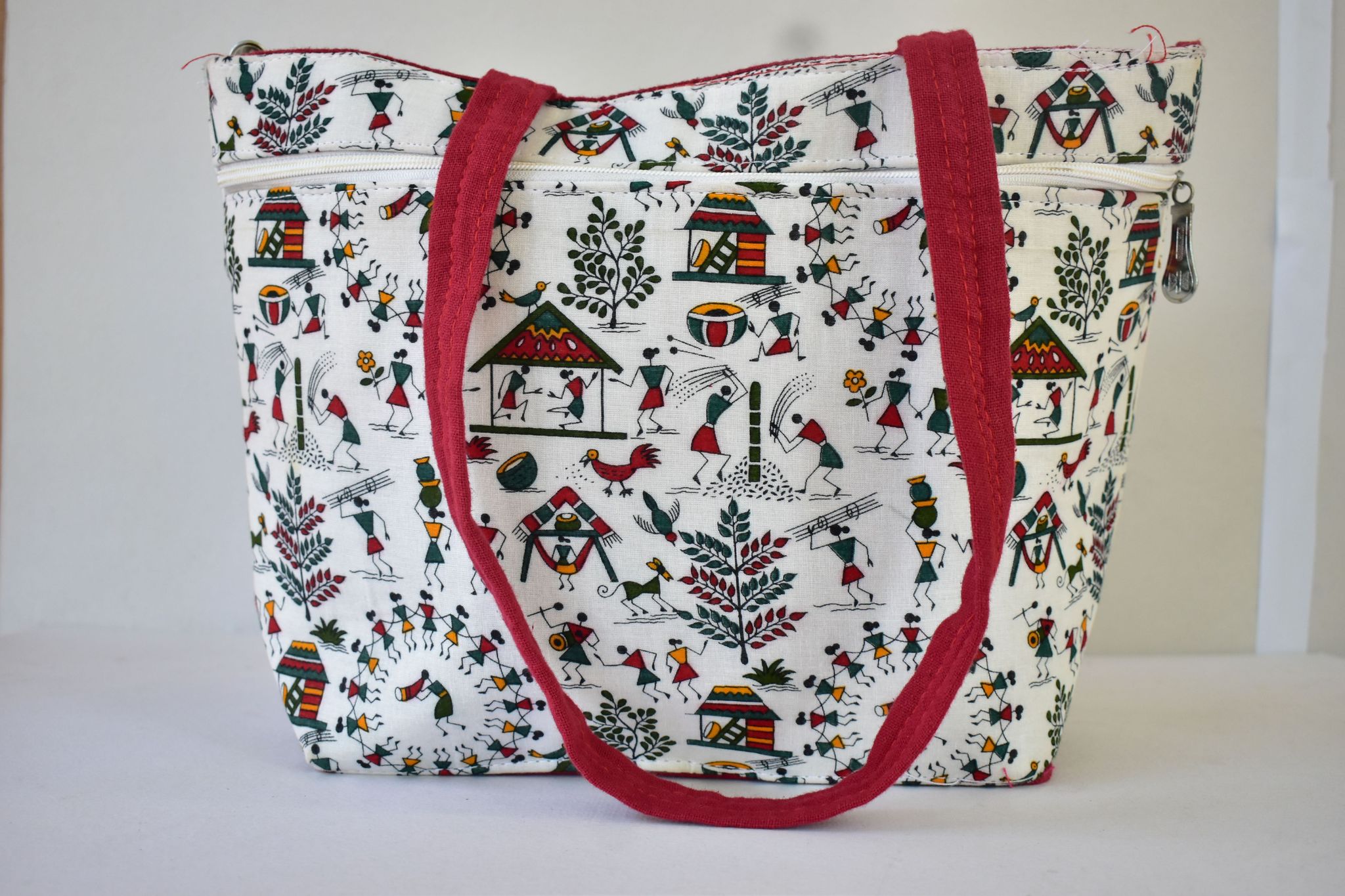Warli Printed Fabric Bags With Three Compartment