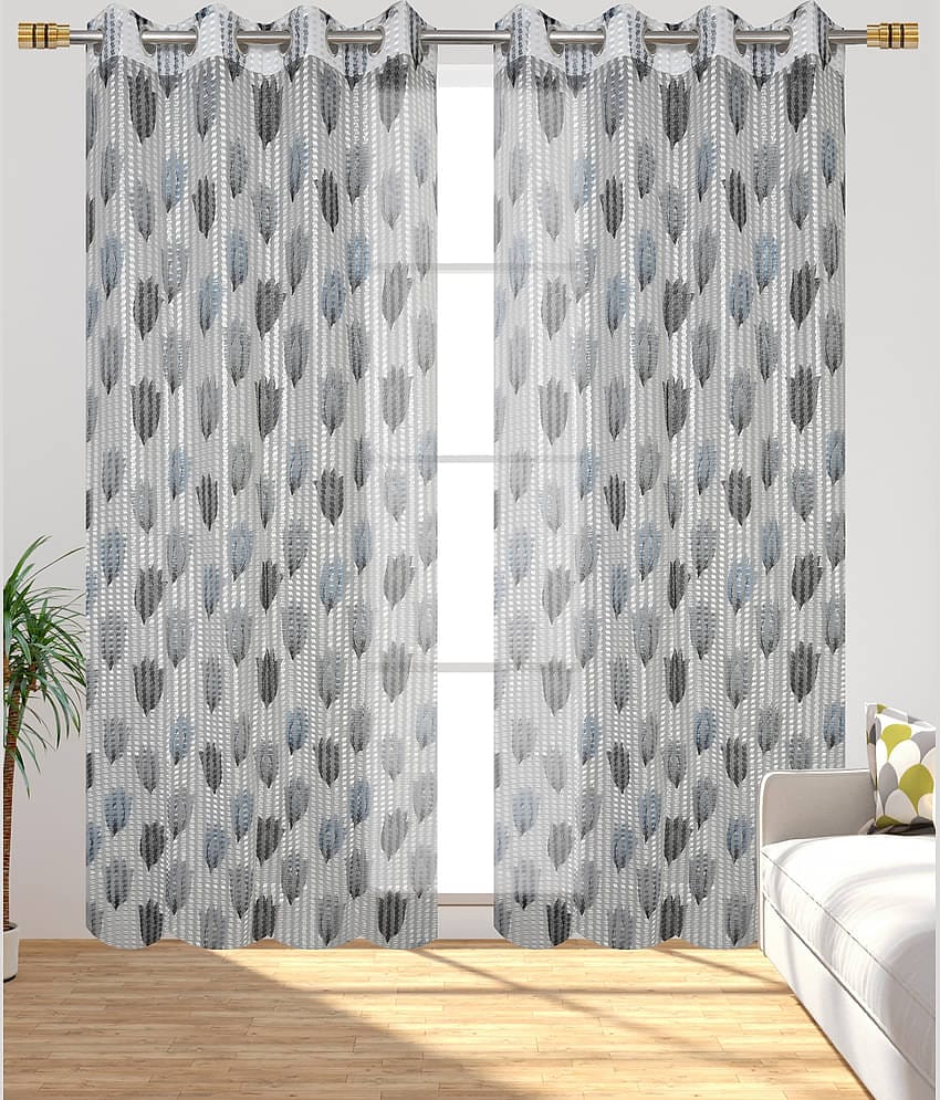 Homefab India Printed Semi-Transparent Eyelet Door Curtain 7ft (Pack of 2) - Light Grey