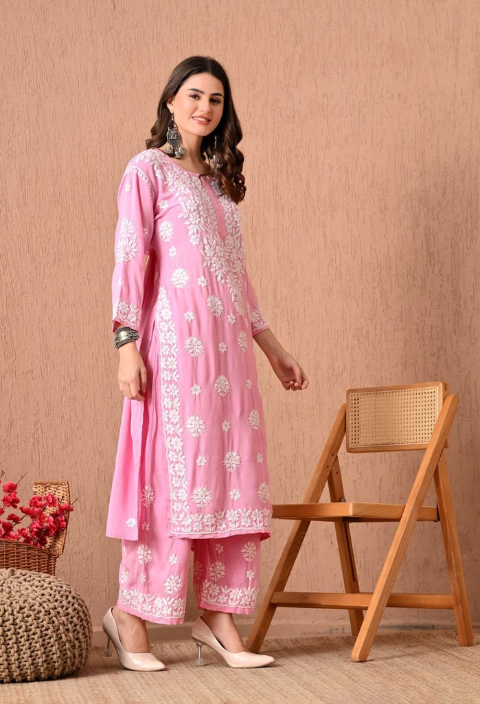 Hand Embroidered Chikankari Plazo Set 3d Work- Pink