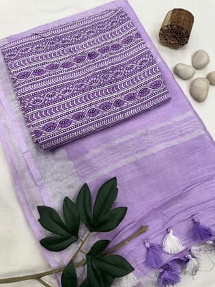 Cotton Linen Saree With Printed Cotton Blouse