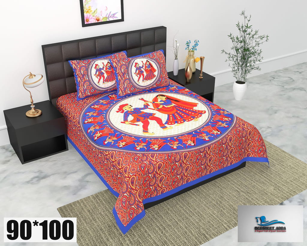 2001-Bedsheet Adda-Pure Cotton Jaipuri Printed Double Bedsheet With 2 Pillow Covers-Dadiya-Blue