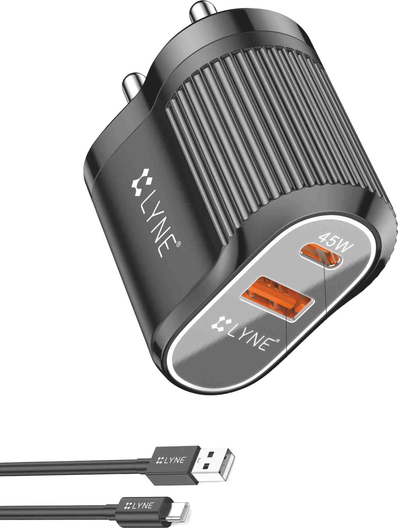 LYNE By U&I Qualcomm 3.0 20 A Dual Port Mobile Charger with Detachable Cable  (Black, Cable Included)