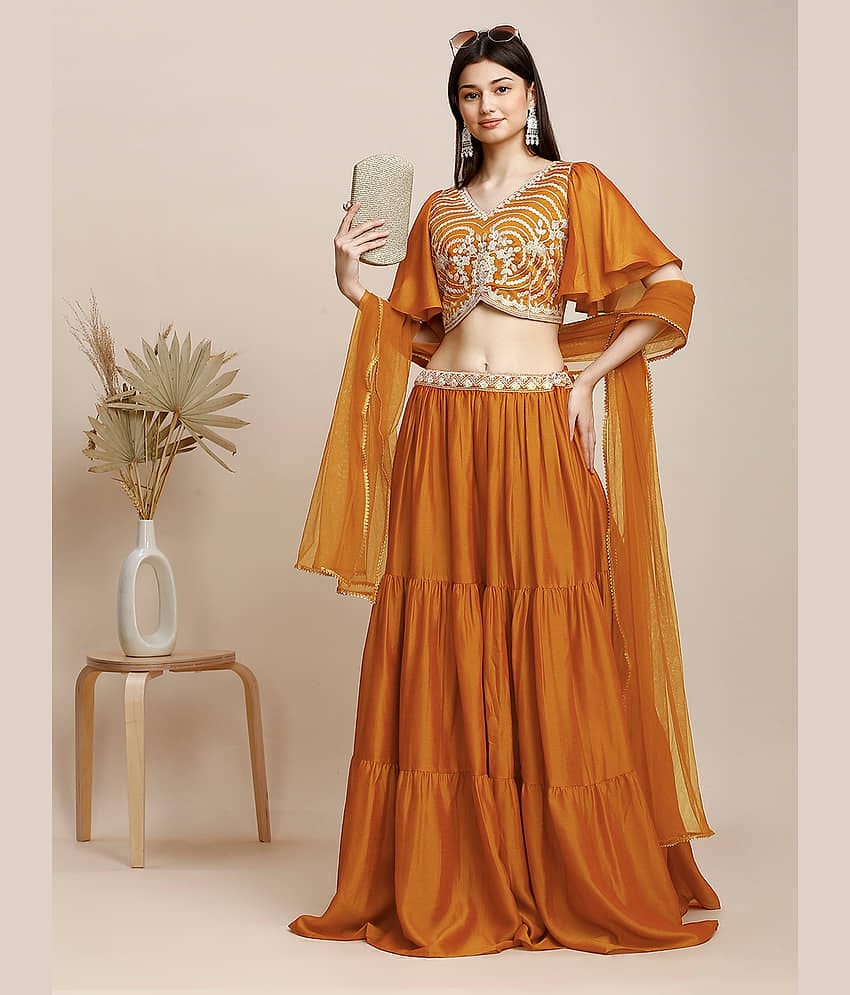 Madhuram Textiles Orange Crepe Chaniya Choli Stitched Lehenga Single