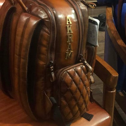 Specially made Tan Leather Backpack with Name Initials AKRAN by Brune & Bareskin-FS
