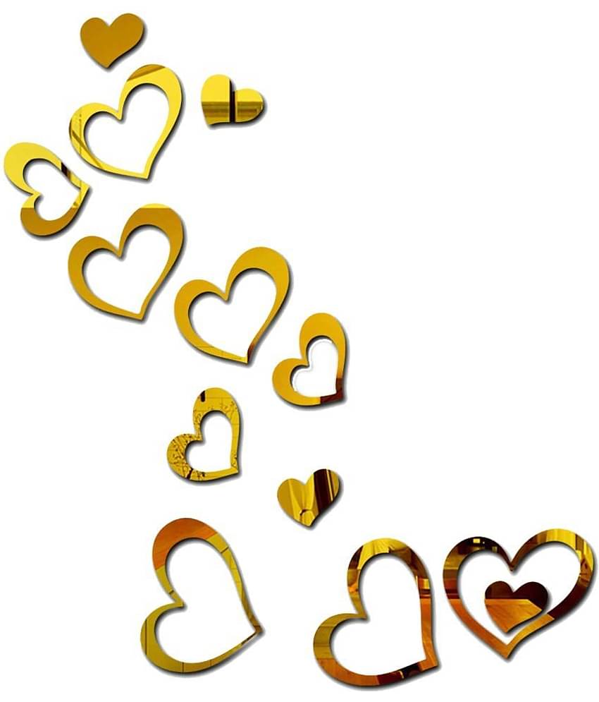 Asmi Collection Self Adhesive 12 Gold Acrylic Mirror Hearts Wall Sticker ( 110 x 60 cms )