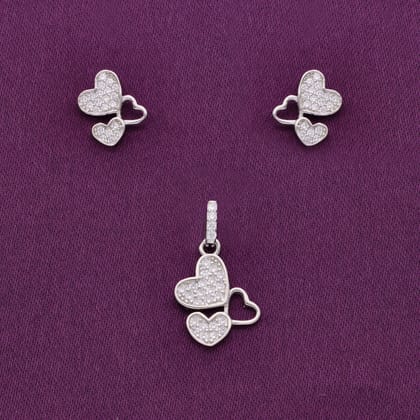 Triple Heart Silver Pendant & Earrings Set-White Stone / Silver