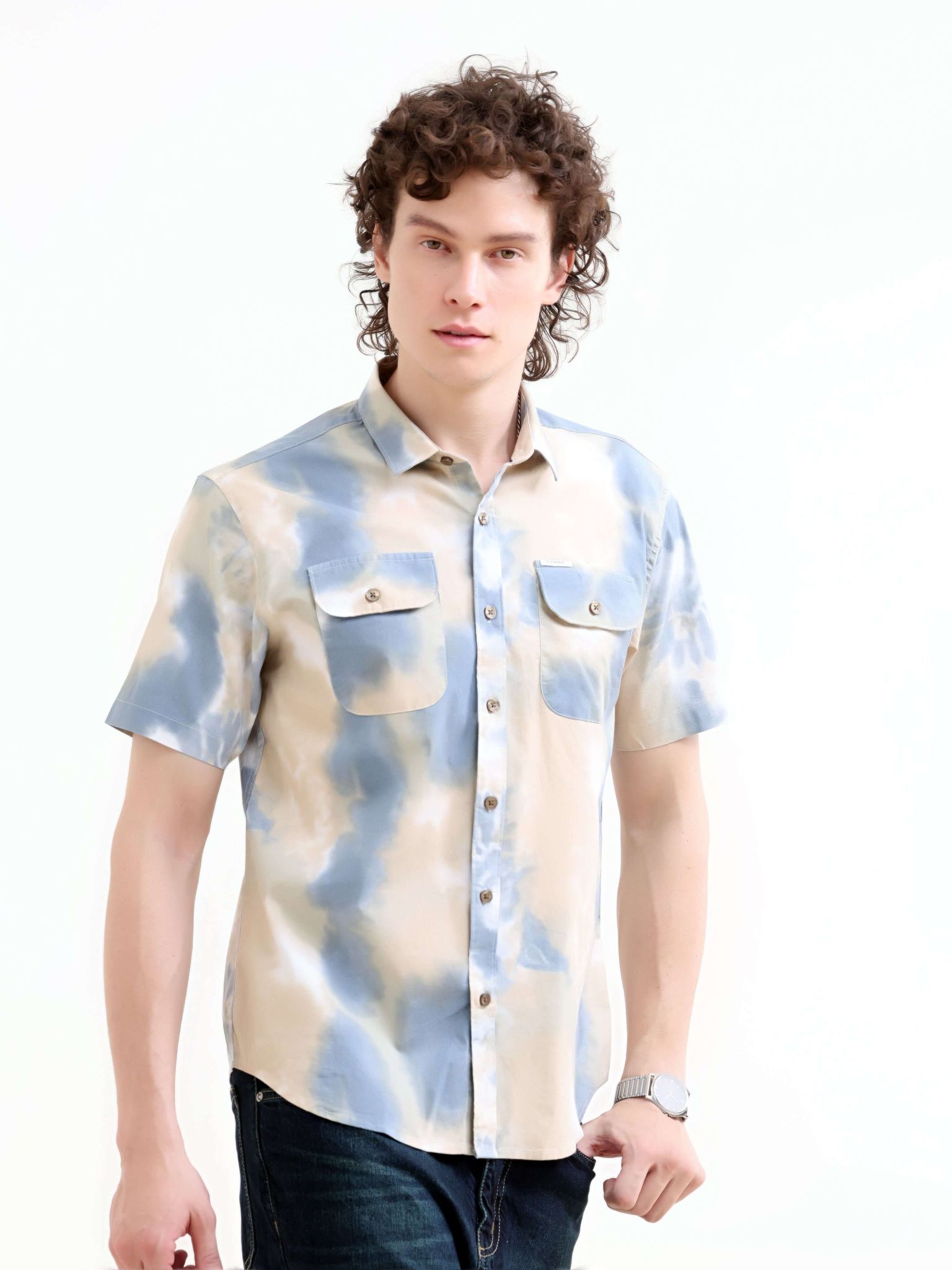 Blue Cloud Printed Casual Shirt-S / Blue