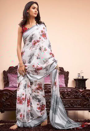 FLOWER RED DESIGNER LINEN DIGITAL PRINTED SAREE   1544