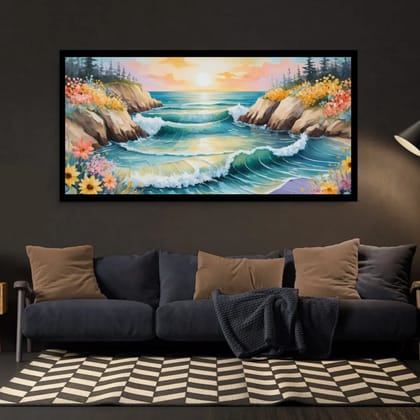 Luminary Crystal Lake Serenity – Scenic Nature Landscape Canvas Painting for living room | Frame Size (127 X 69 Cm) | Frame Type (Black) | 5-Year Warranty