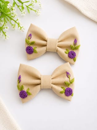 Hand-Embroidered Cotton Silk Hairbows (Beige, Set of 2) | Floral Motif | Casual & Festive Hair Accessory Hand-Embroidered Cotton Silk Hairbows (Beige, Set of 2) | Floral Motif | Casual & Festive Hair Accessory