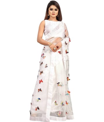 Gazal Fashions Net Embroidered Saree With Unstitched Blouse Piece ( Red )
