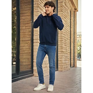PrintCultr Dark Blue Men Full Sleeve Solid Hooded Sweatshirt